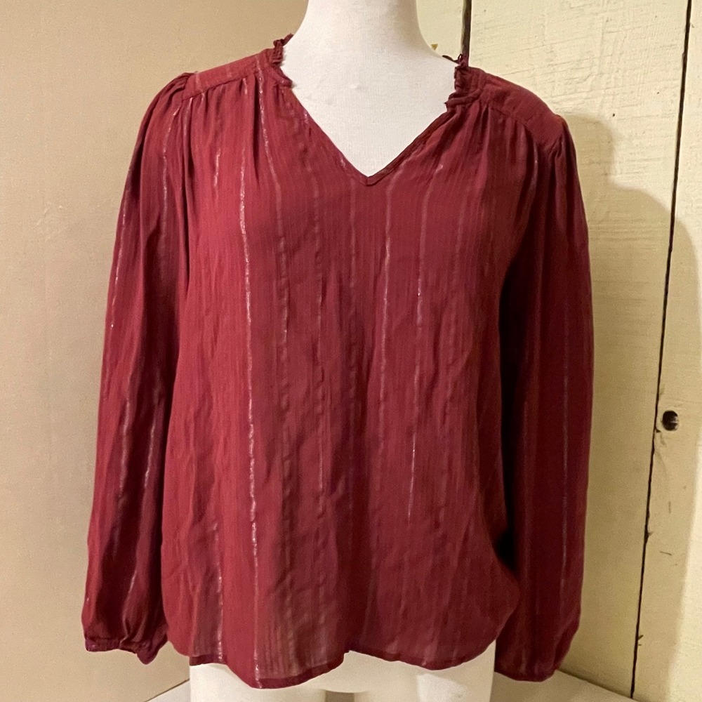 Lucky Brand Womens Medium Burgundy Metallic Stripe V-Neck Peasant Blouse